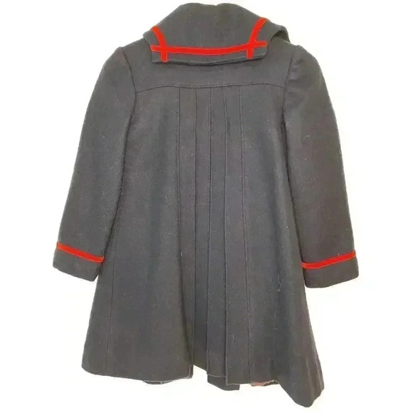 Girls Vintage 6x Rothschild Navy Wool Dress Coat Red Velvet Trim Complete W/ Tie - Picture 2 of 11